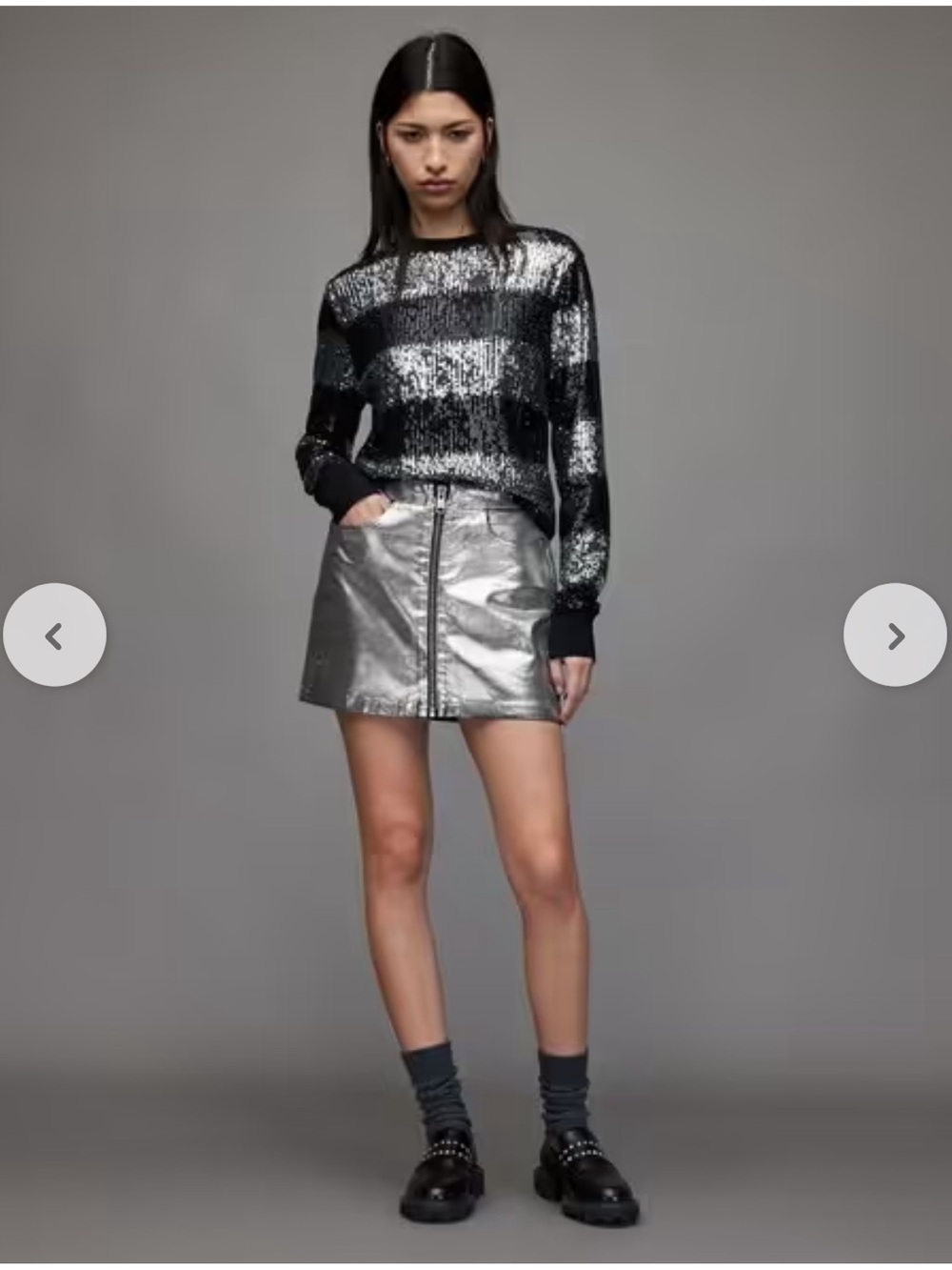 AllSaints Metallic Silver Front-Zip Cleo Denim Mini Skirt, UK10/US6